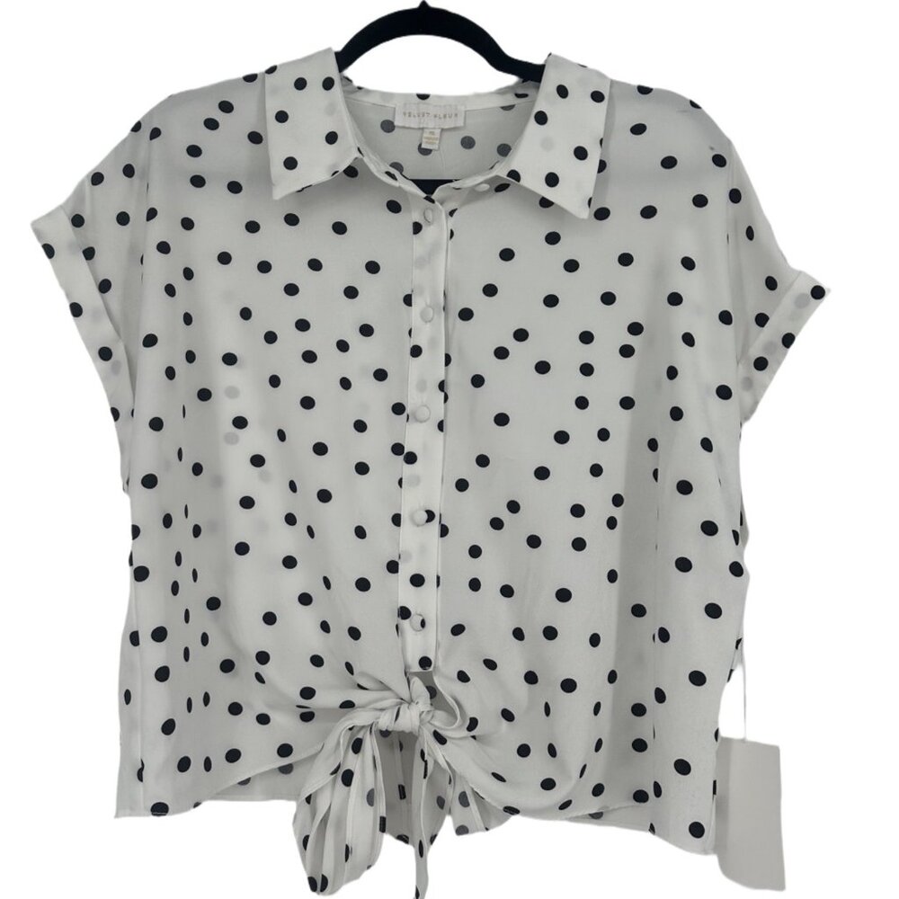 Velvet Fleur Women Polka Dot Blouse XL White Black Tie Front Button Up - Picture 2 of 8